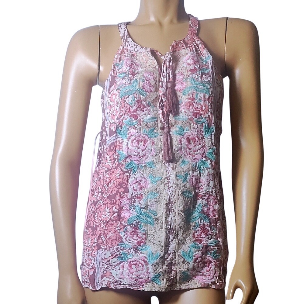 Savanna Jane Pink‎ and Green Tie Front Tank Top Size S